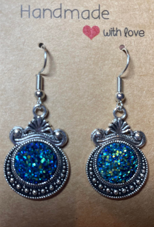 HANDMADE Vintage Silver Glitter Dark Blue Drop Hook Earrings