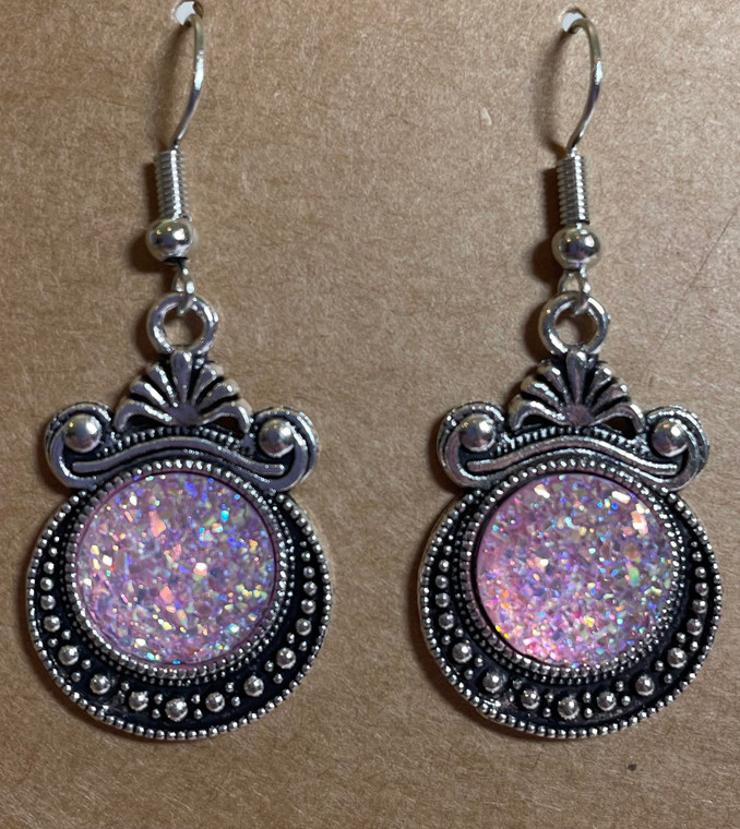 HANDMADE Vintage Silver Glitter Light Pink Drop Hook Earrings