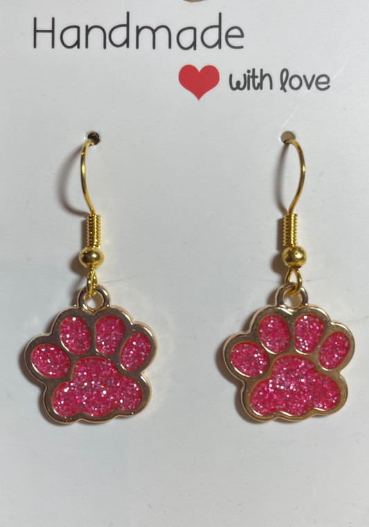 HANDMADE Gold Plated Glitter Pink Dog/Cat Paw Drop Hook Earrings