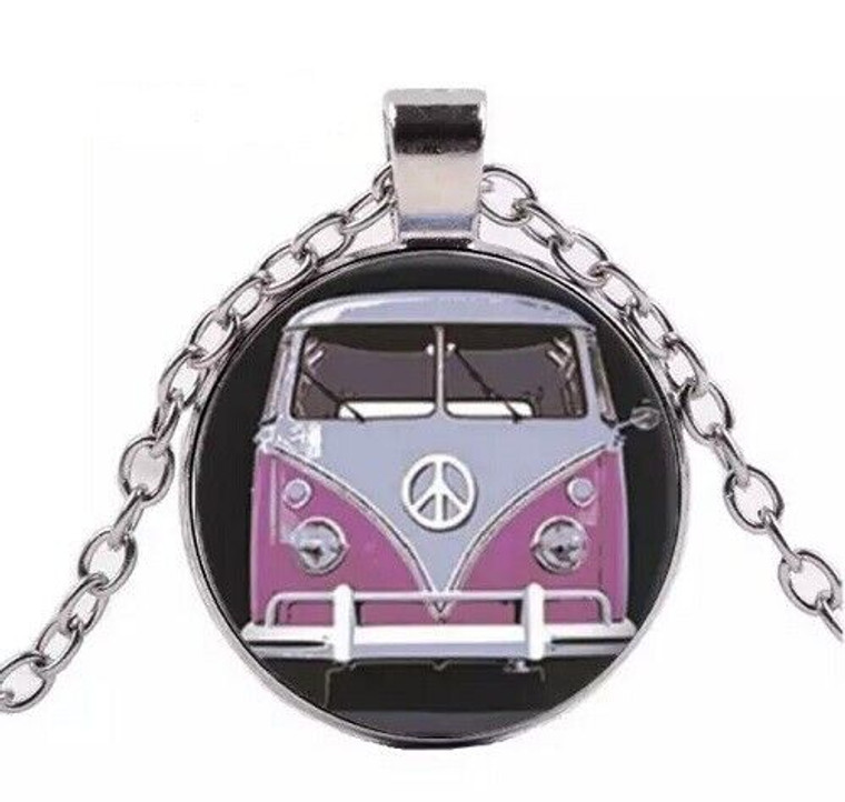 NEW Silver Plated Round Cabochon Pink Combi Van Necklace