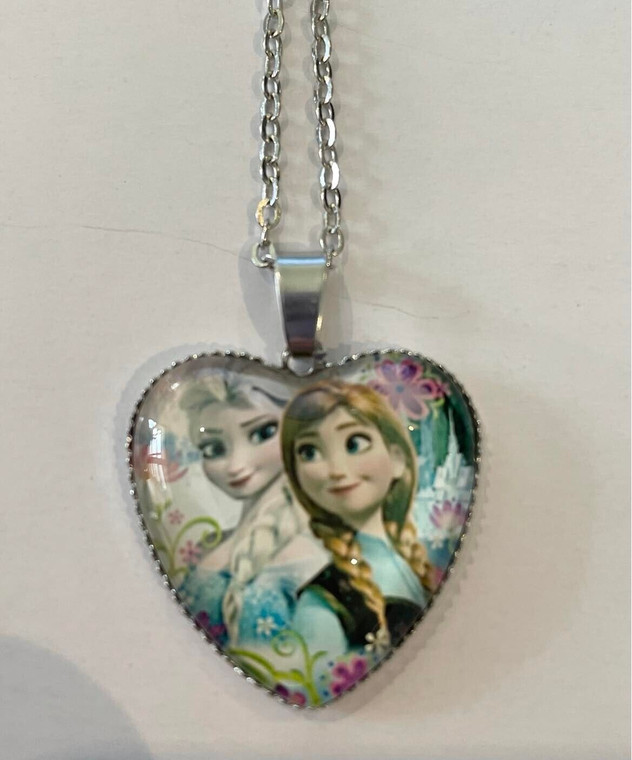 NEW Silver Plated Frozen Anna & Elsa Heart Cabochon Necklace - Great Gift