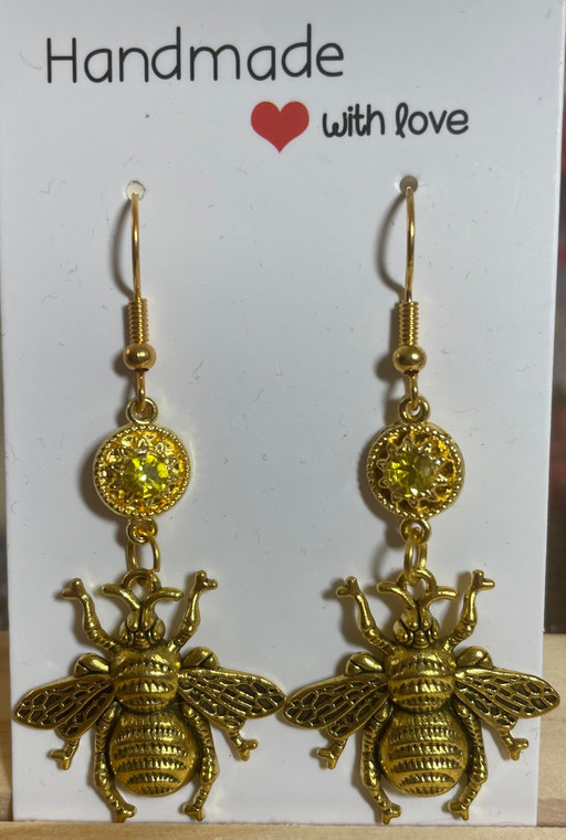 HANDMADE - Gold Plated Yellow Crystal with Bee Hook Drop Earrings - Great Gift