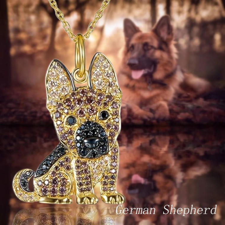 New Gold Plated German Shepherd Dog Crystal Necklace