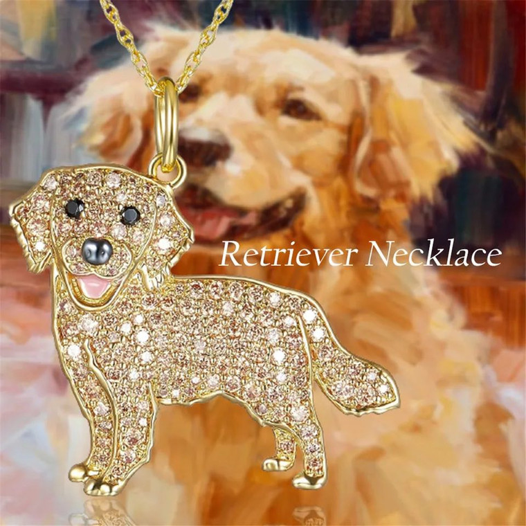 New Gold Plated Golden Retriever Dog Crystal Necklace