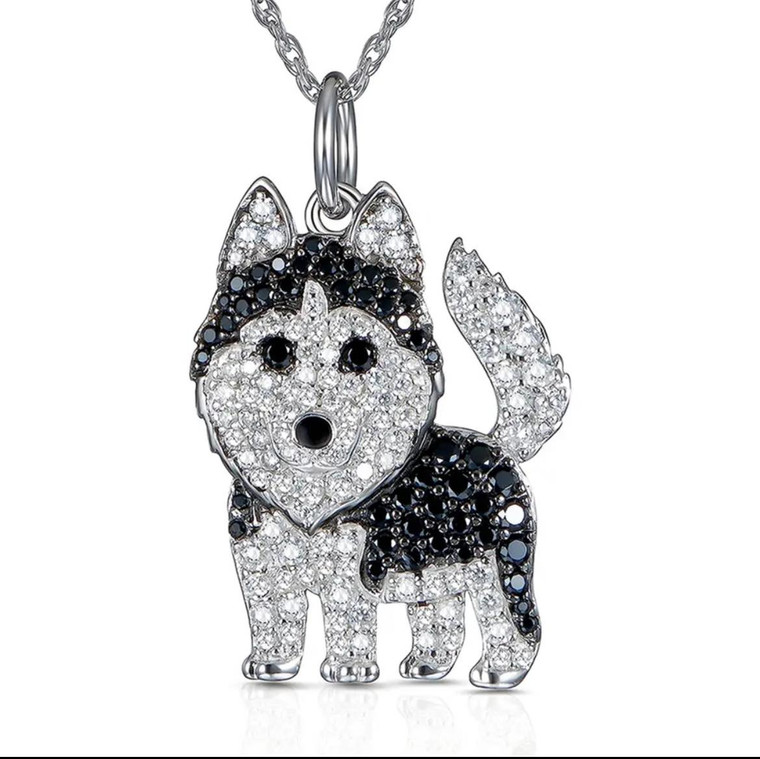 New Silver Plated Husky Dog Crystal Necklace