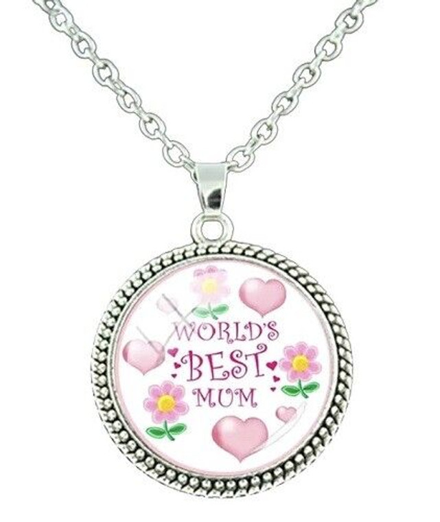 NEW Silver Plated Round Cabochon Worlds Best Mum Necklace - Perfect Mother's Day Present