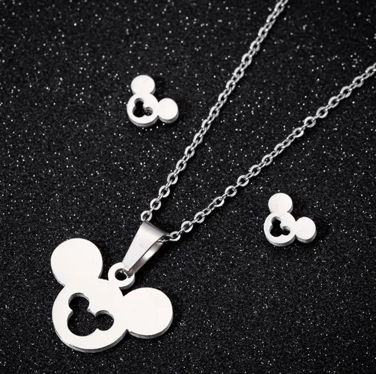 New Disney Mickey Mouse Silver Plated Necklace & Stud Earrings Set