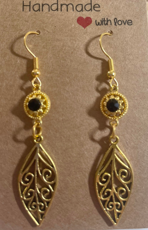 HANDMADE Gold Plated Leaf Hook Earrings with Black Crystal