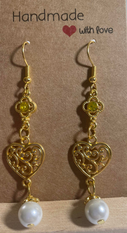 HANDMADE Gold Plated Heart & Pearl Bead Hook Earrings with Yellow Crystal