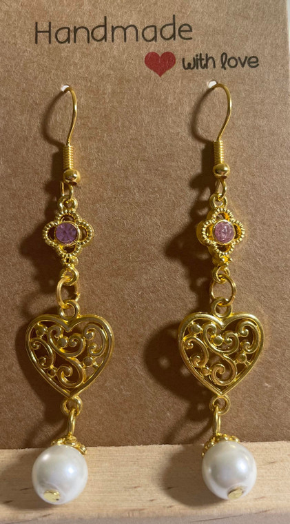 HANDMADE Gold Plated Heart & Pearl Bead Hook Earrings with Pink Crystal