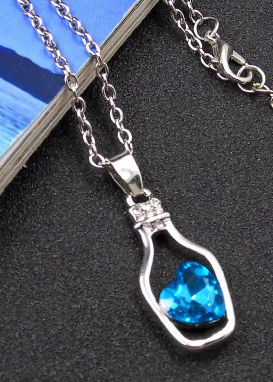 Silver Plated Bottle Necklace with Blue Heart Crystal 