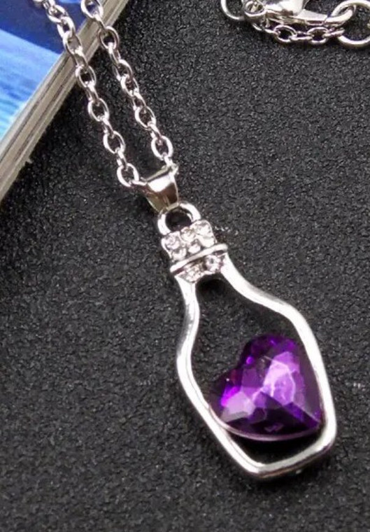 Silver Plated Bottle Necklace with Purple Heart Crystal 