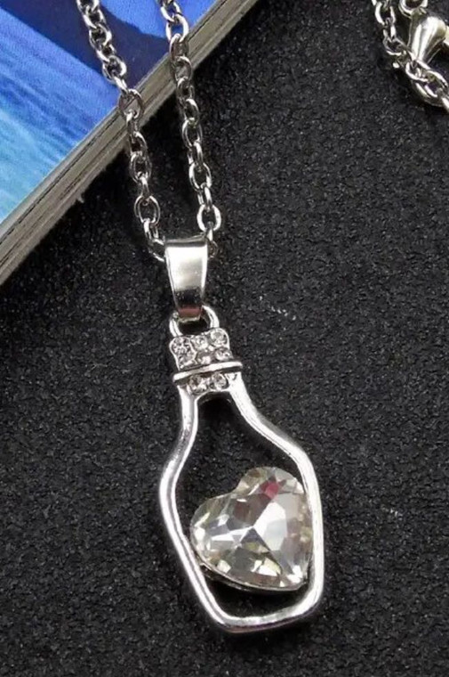 Silver Plated Bottle Necklace with White Heart Crystal 