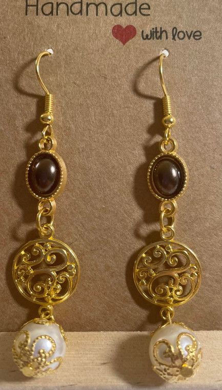 HANDMADE Gold Plated Circle & Pearl Bead Hook Earrings with Brown Cabochon