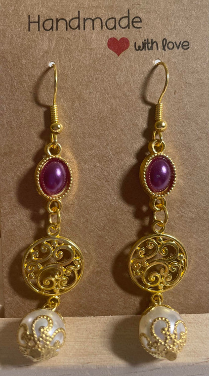 HANDMADE Gold Plated Circle & Pearl Bead Hook Earrings with Purple Cabochon