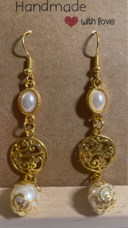 HANDMADE Gold Plated Circle & Pearl Bead Hook Earrings with White Cabochon