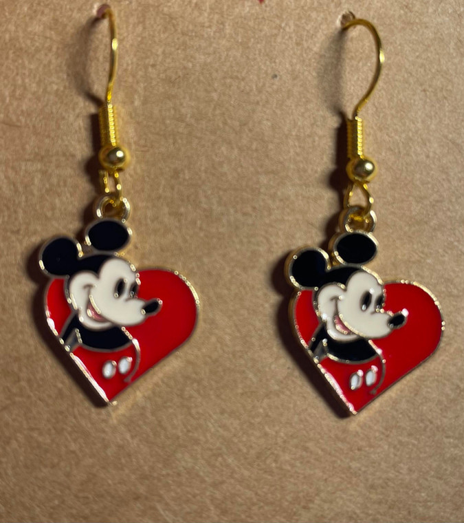 Handmade Mickey Mouse Heart Character Charm - Drop Hook Earrings