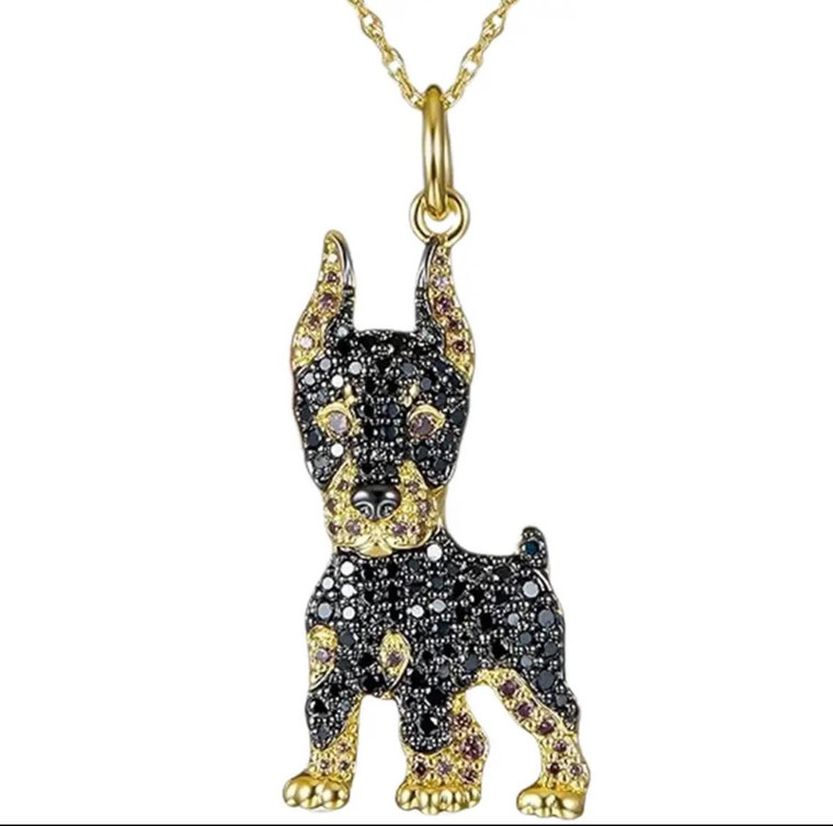 New Gold Plated Doberman Dog Crystal Necklace