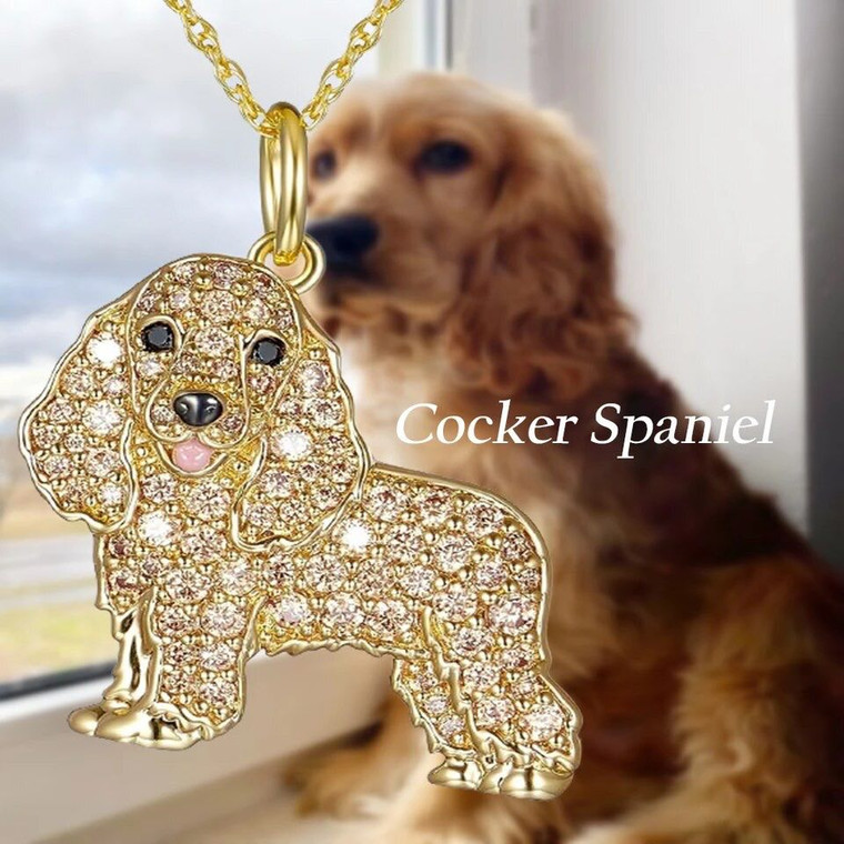 New Gold Plated Cocker Spaniel Dog Crystal Necklace