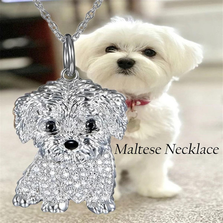 New Silver Plated Maltese Dog Crystal Necklace