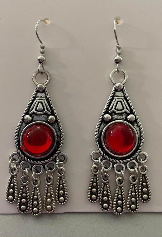 Handmade Antique Silver Plated Red Chandelier Hook Earrings
