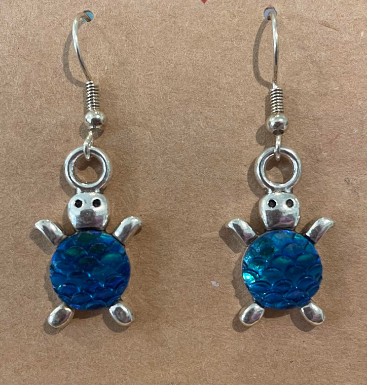 HANDMADE - Silver Plated Blue Mermaid Scale Turtle Drop - Hook Earrings