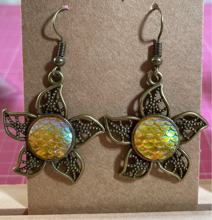HANDMADE - Bronze Plated Yellow Mermaid Scale Flower Drop Hook Earrings