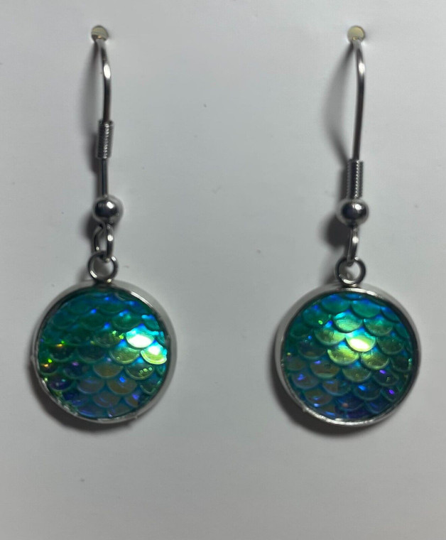 HANDMADE - Silver Plated Green/Blue Mermaid Scale Cabochon Drop Hook Earrings
