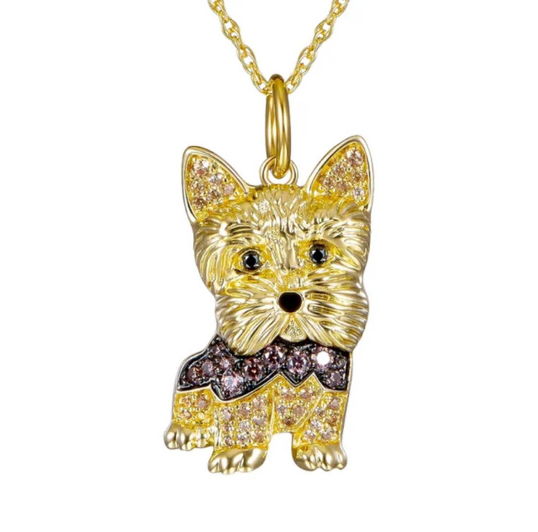 New Gold Plated Yorkshire Terrier Dog Crystal Necklace