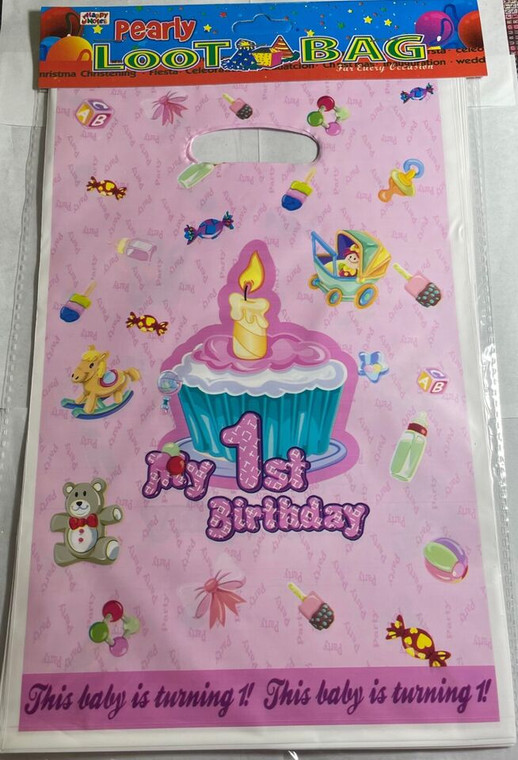 Pack of 10 First Birthday Girl Birthday Party Loot Bags - 1st Birthday Girl