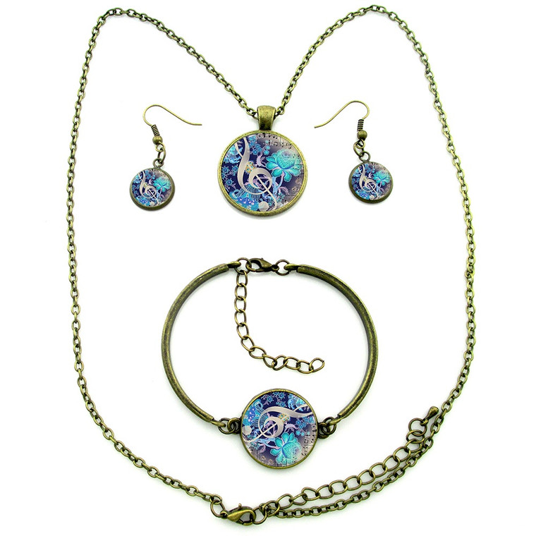 Cabochon Round Necklace, Bracelet & Earrings Set - Treble Clef Design