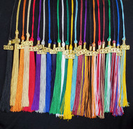 Graduation Tassel 16" long with 9.5" Tassel and 6.5" Loop. Includes Gold* Charm Clip and Year