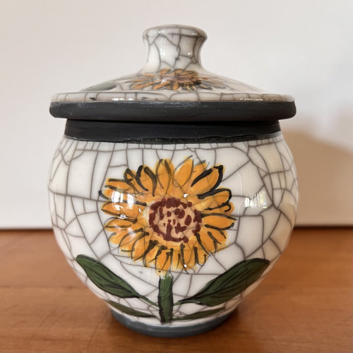 Small handmade sunflower urn for ashes. ceramic memorial with hand painted sunflower. 40 cubic inches