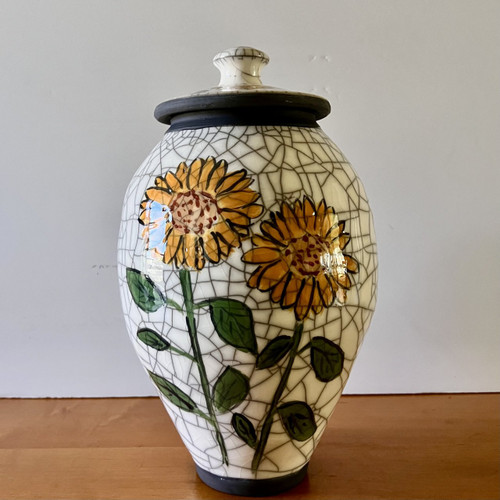 Sunflower Urn for Human Ashes-handmade-ceramic urn with hand painted large yellow sunflowers Sunflower Urn for Human Ashes-handmade-ceramic urn with hand painted large yellow sunflowers