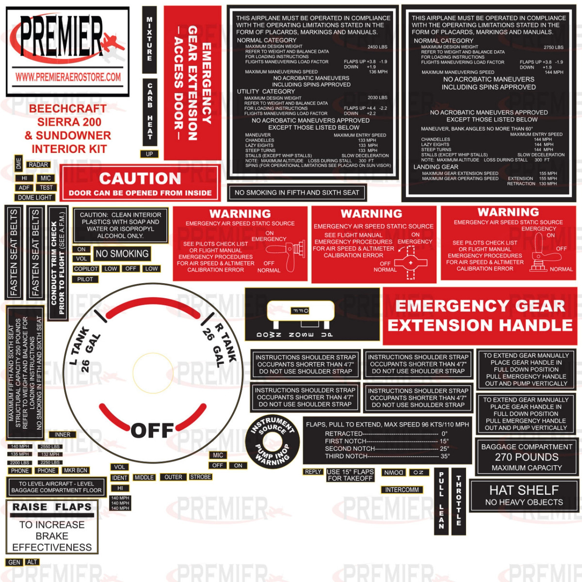 Beechcraft 19, 23, 24 Interior Decal Kit. 059-61002.