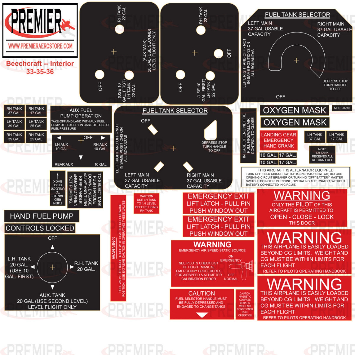 Beechcraft 33, 35, 36 Interior Decal Kit. 059-61003.