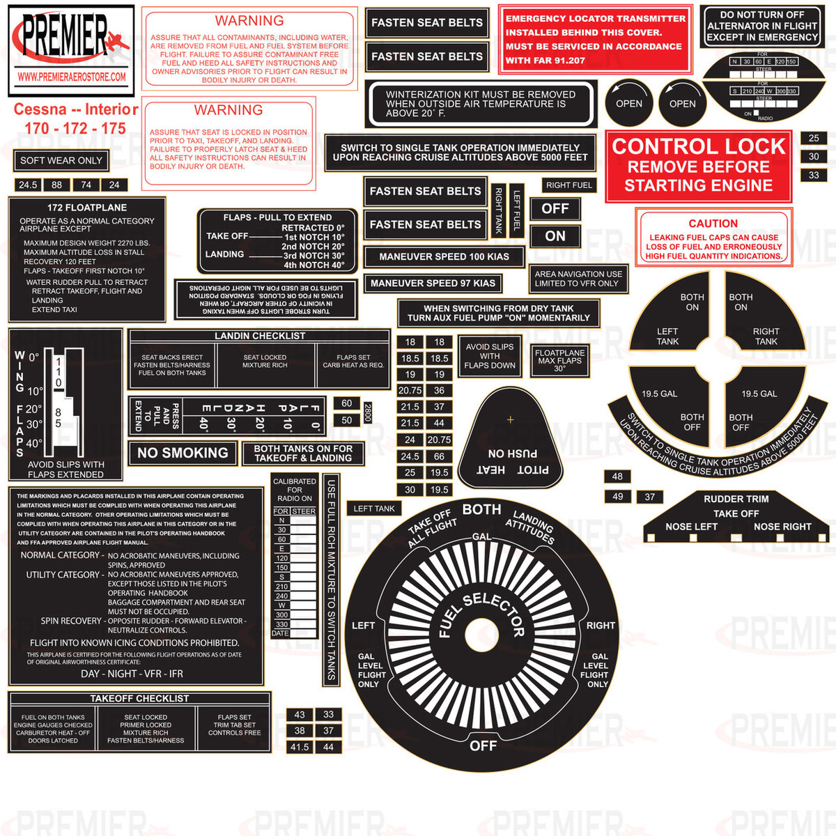 Cessna 170, 172, 175 Interior Decal Kit. 059-61007. - Knots 2U, Ltd.