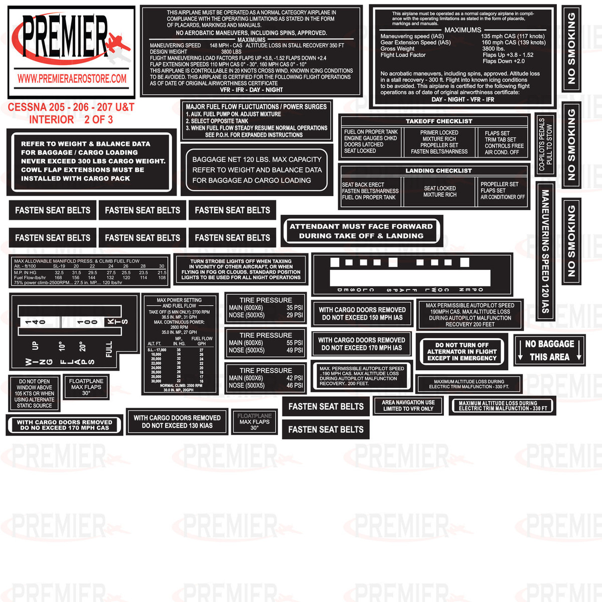 Cessna 205, 206, 207U, 207T Interior Decal Kit. 059-61009.