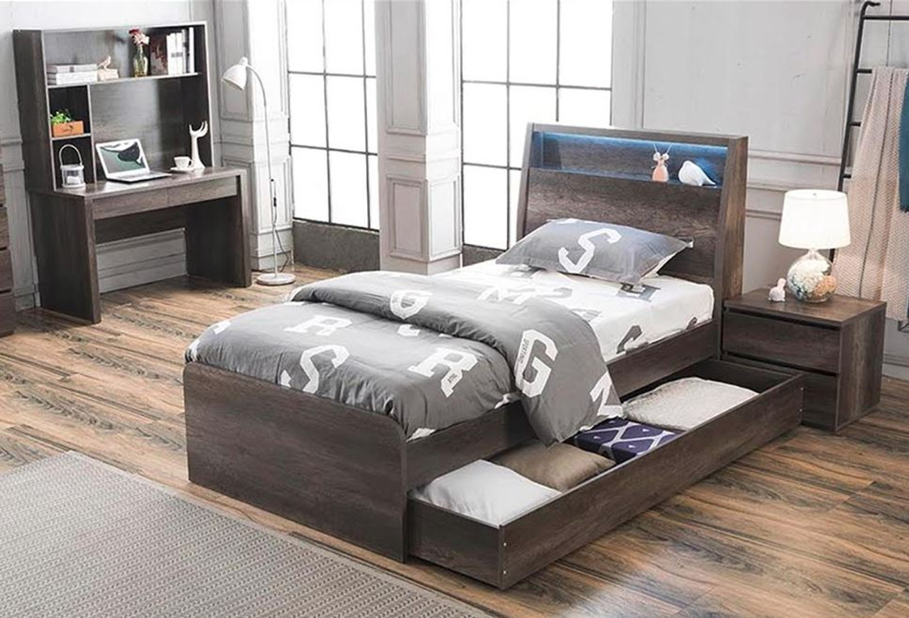 King Single Keswick Bed With Matching King Single Trundle Bed Charcoal Oak My Furniture 