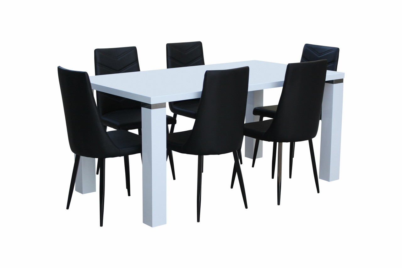 white gloss table and coloured chairs