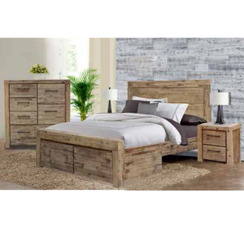 KING WINSLOW ACACIA 3 PIECE (BEDSIDE) BEDROOM SUITE WITH UNDER BED STORAGE DRAWERS - AS PICTURED