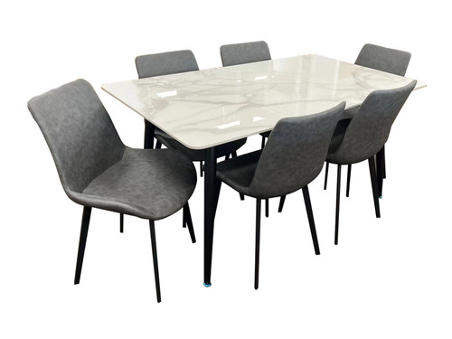 RICARDO 7 PIECE DINING SETTING WITH GREY DELUXE LEATHERETTE CHAIRS - 1800(W) x 900(D) - MARBLE TOP
