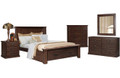 BUSHLAND QUEEN 5 PIECE (DRESSER) BEDROOM SUITE - ( BED WITH 2 END DRAWERS) - ANTIQUE NIGHT