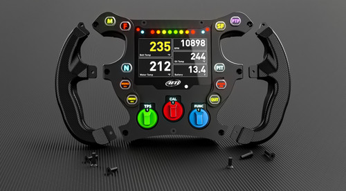AiM SW4 350mm Steering Wheel feature user defined CAN buttons, rotary switches, analog buttons, and a full data logger. 