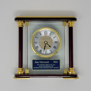 Glass and Rosewood Piano-Finish Clock with Gold Metal Accents