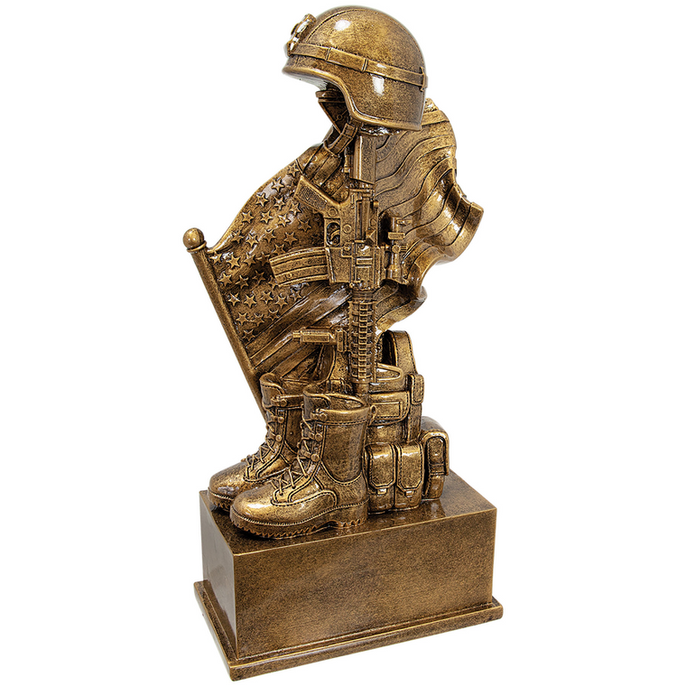 This Military Battle Cross award is a highly detail resin, the overall size:  4 1/4"(L) x 8 3/4"(H) x 2 3/8"(W).
We will personalize it with your message on a 3.5” X 1.25” Engraved Plate.  
