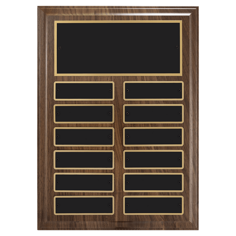 (Photo is from the 12x15 plaque with 24 individual plates)  This is the same style walnut plaque and laser engravable tags