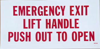 SB200, Garman Decal Emergency Exit Lift Handle Push Out to Open - Red on Clear - 7" x 3 1/2" SB200, Garman Decal Emergency Exit Lift Handle Push Out to Open - Red on Clear - 7" x 3 1/2"