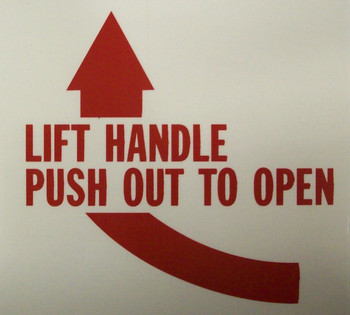SB87, Garman Decal Lift Handle Push Out To Open (Red on Clear) - 5 3/4" x 5 1/4" SB87, Garman Decal Lift Handle Push Out To Open (Red on Clear) - 5 3/4" x 5 1/4"