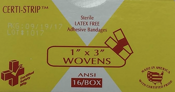 R210007, Certified Safety 1"x 3" Woven Certi-Strips #609 (10 Boxes of 16) R210007, Certified Safety 1"x 3" Woven Certi-Strips #609 (10 Boxes of 16)